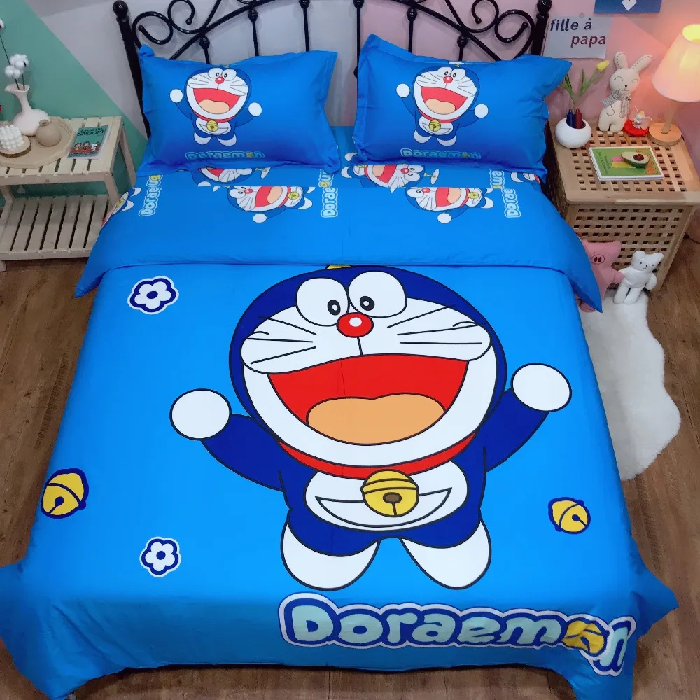 Комплект постельного белья с героями мультфильмов Doraemon, детская спальня, чистое хлопковое стеганное одеяло, двойной королева, король, милое пуховое одеяло, простыня, Синий Постельное белье