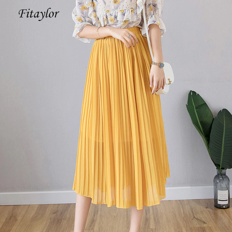 

Fitaylor Women Summer Chiffon Skirts Candy Colors Sweet Elastic High Waist Pleated Skirt Female Hem Asymmetric Mid-calf Skirt