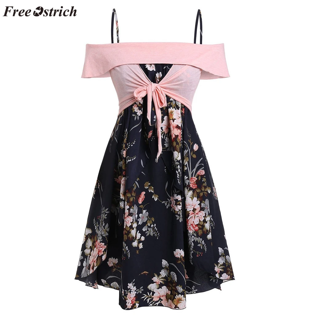 

FREE OSTRICH Pink cute dress ladies summer must-have casual word collar sling print dress travel vacation relax cut T-shirt suit