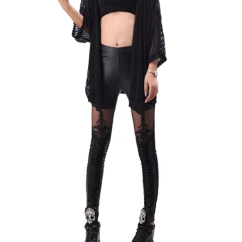 

2018 Autumn Skinny PU Leather Pants Legging Women Sexy Bandage Binding Look Leggings Mesh Faux Leather Pants Jegging