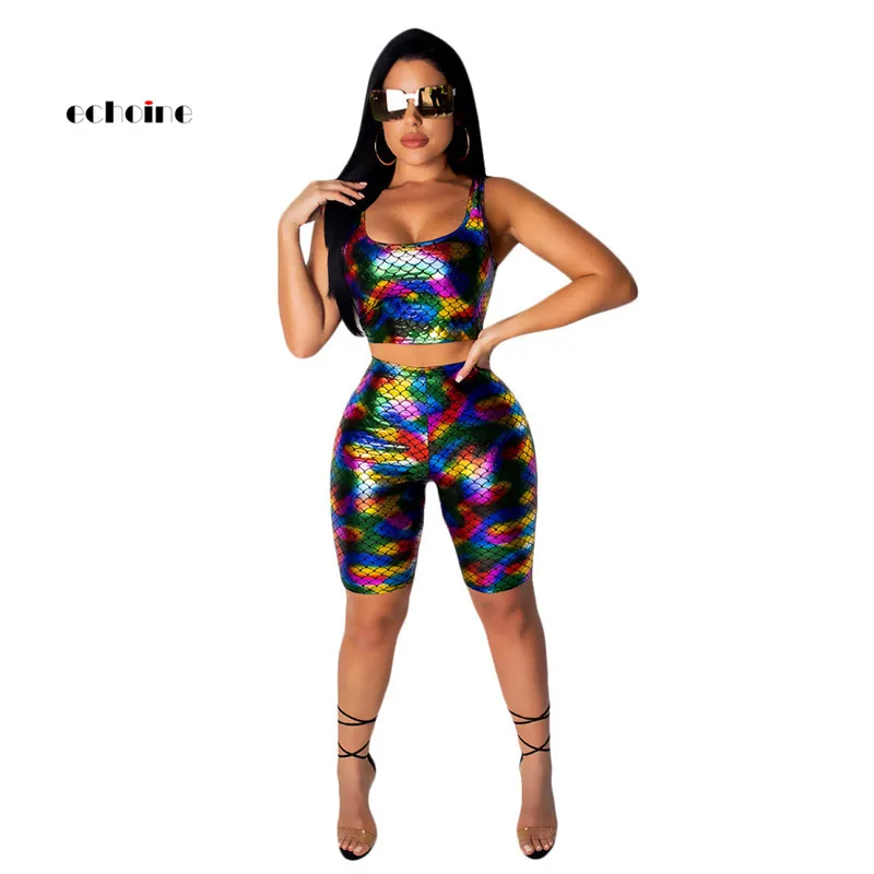 

Echoine Fashion Women Two Piece Set Sexy Fish Squama Print Multicoloured Elastic Slim Short Pants Party Club Suits Female Outfit