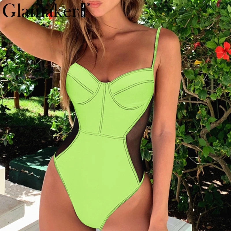 Glamaker неоновые сетчатые фотосексуальные пляжные боди Цельный купальник женский