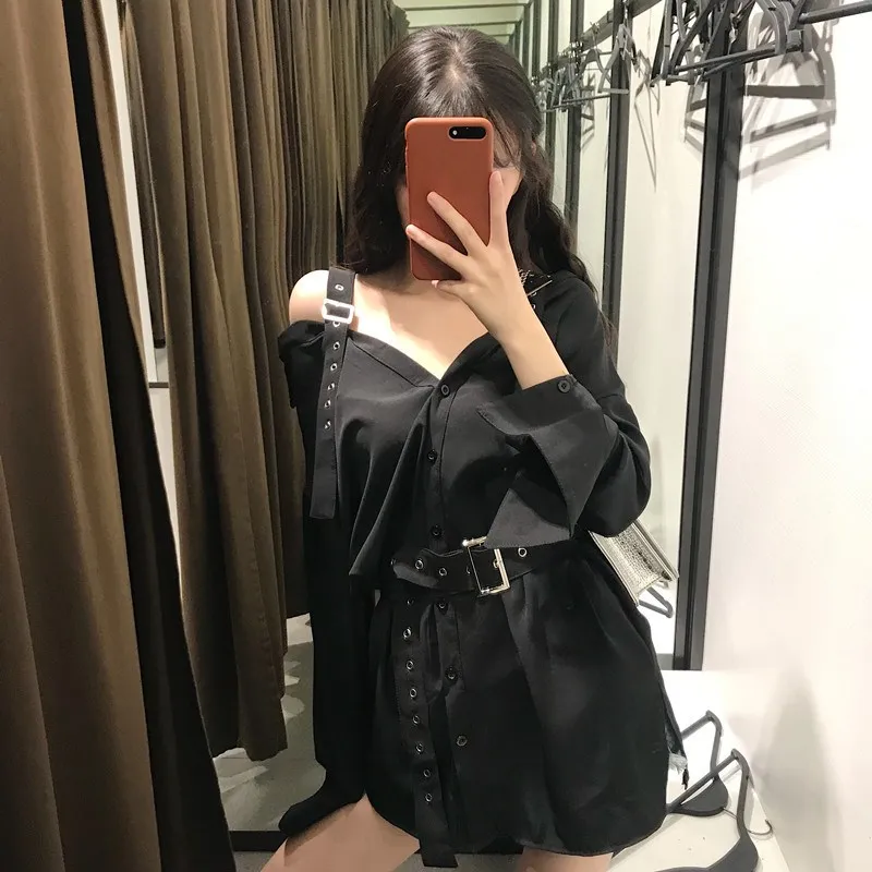 Autumn New Women's V-Neck Office Blouse Fashion Belt Buckle Off The Shoulder Long Shirts Solid Lady Blouse Black Tops
