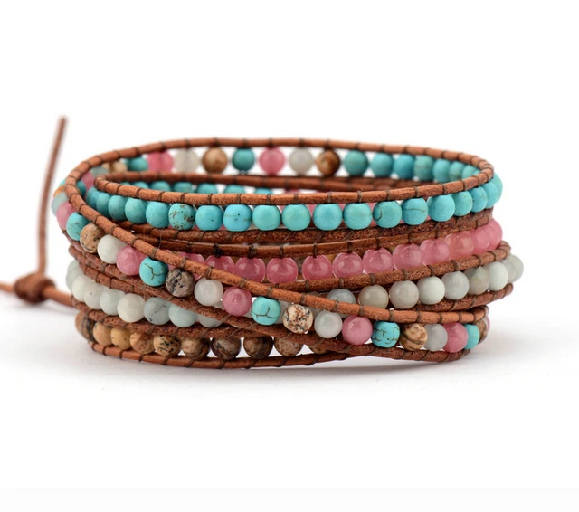 High End Mix Natural Stones 5 Layers Leather Wrap Bracelets High End Mix Natural Stones 5 Layers Leather Wrap Bracelets Multilayer Weaving Beaded Bracelet Handmade Dropship