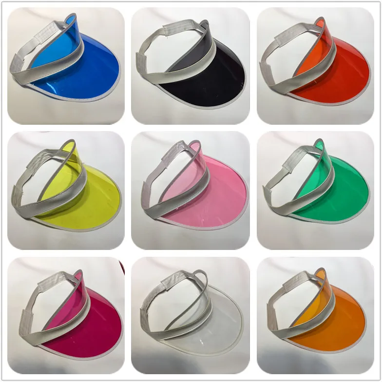 

Summer Unisex Women Men Sun Hat Candy Color Transparent Empty Top Plastic PVC Sunshade Hat Visor Caps Bicycle Sunhat wholesale