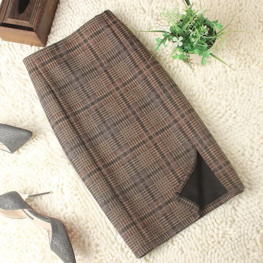 

plus size 5XL Woolen Plaid Pencil Skirt 2018 High Waist Lattice Retro women Fashion package hip skirt