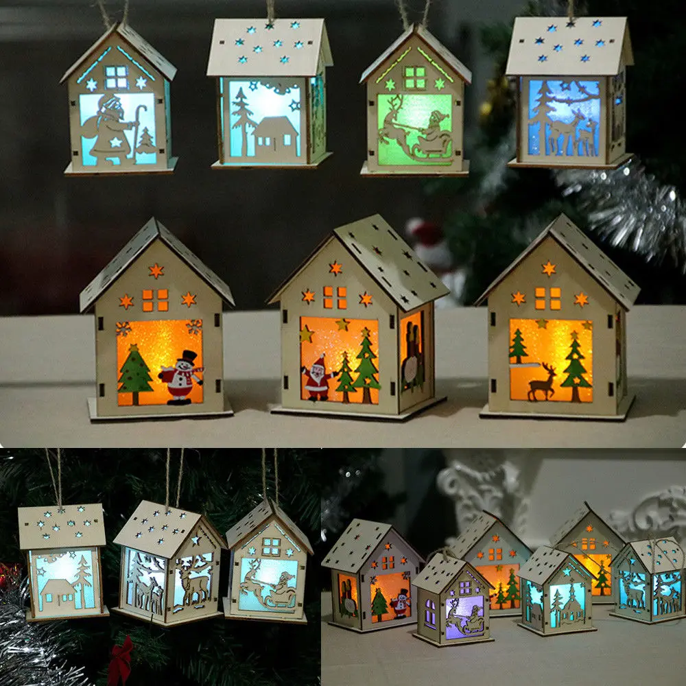 

Creative LED Light Mini Wood House Christmas Tree Hanging Ornaments Holiday Party Home Decors Craft