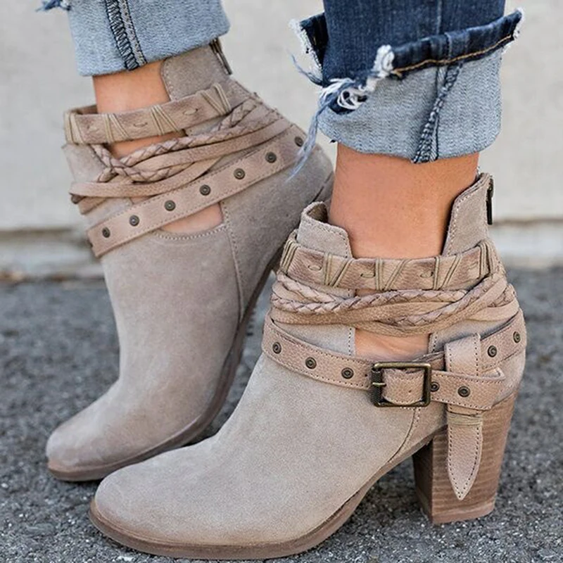 Autumn Spring Women Boots Fashion Casual Ladies Shoes Martin Boots Suede Leather Buckle Boots High Heeled Zipper Daily Shoes