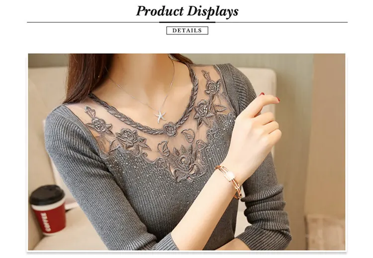 Personality Diamonds Sweater Women Sexy Lace Mesh Patchwrok Sweater Autumn Casual O-neck Knitted Sweaters And Pullovers 2019 (8)