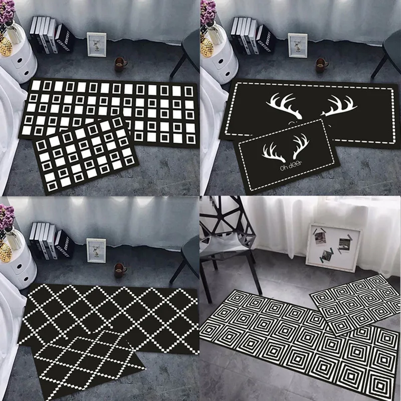 

Black & White Geometric Lattice Striped Zebra Area Rugs Kitchen Bathroom Anti-Slip Mats Entrance Hallway Footpad carpet