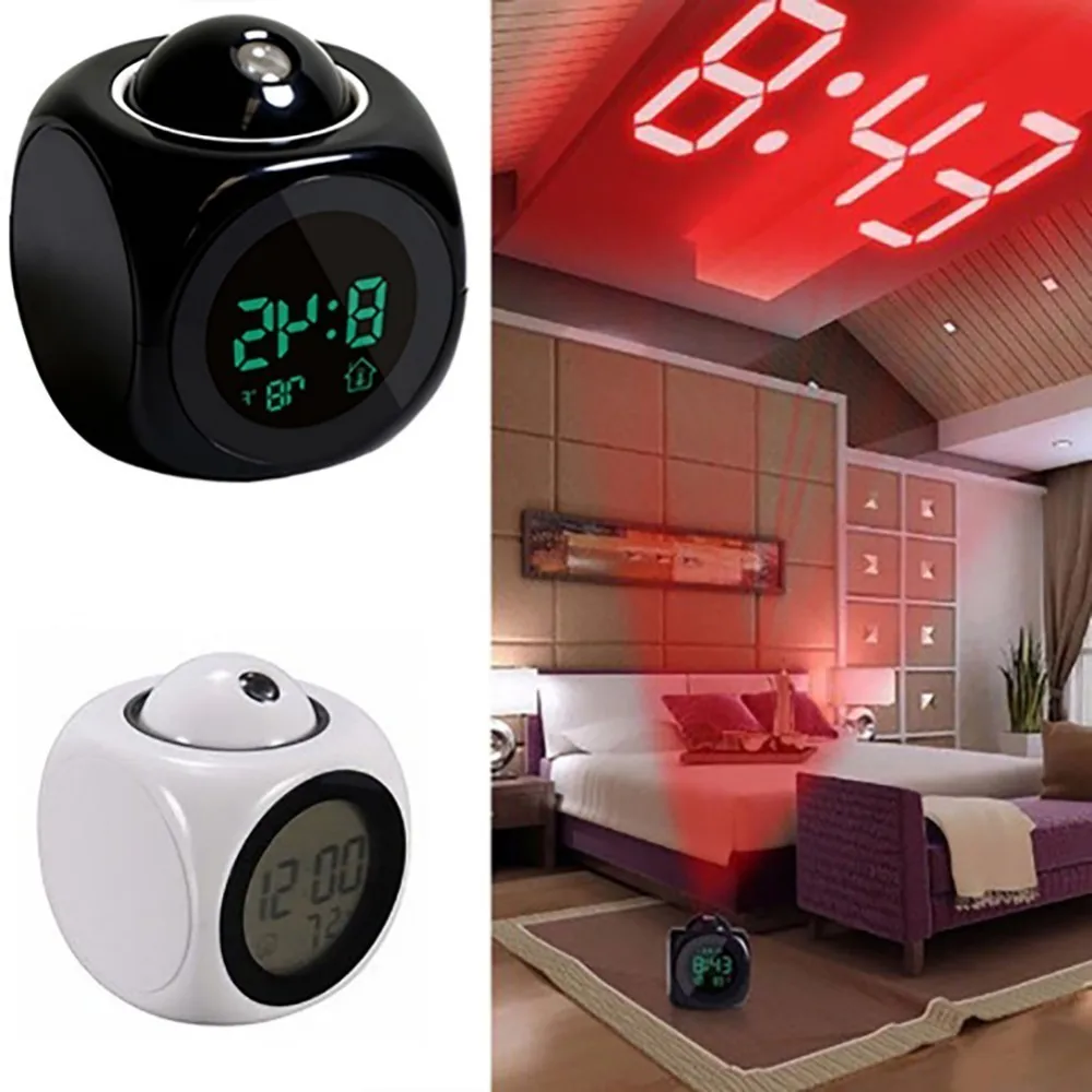

2019 New Dice Shaped Digital LCD Projectable Alarm Clocks LED Display Time Digital Alarm Clock White Black With Box Desk Decor