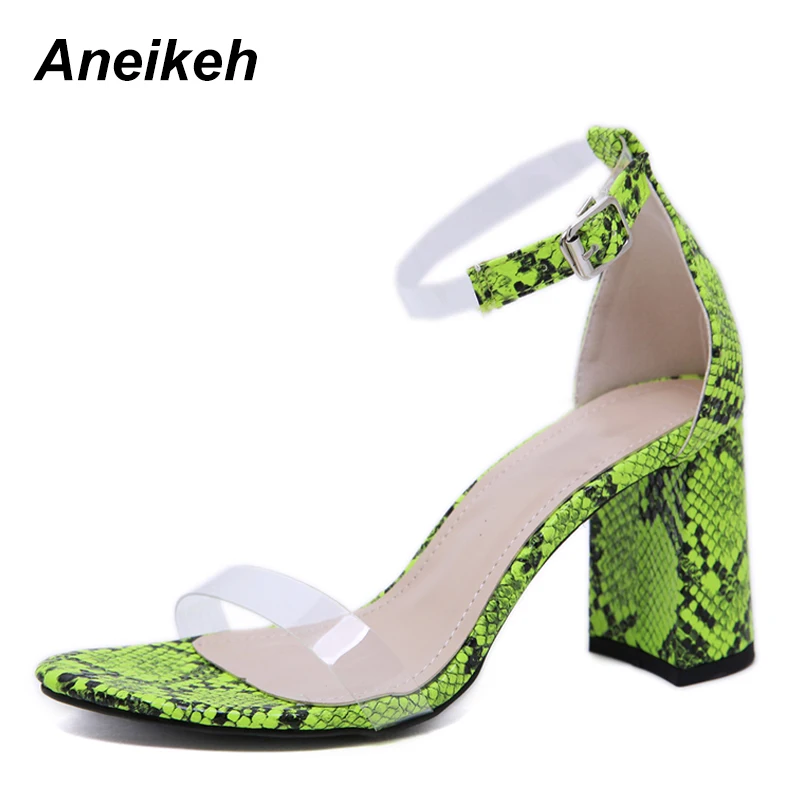 

Aneikeh 2019 PU Gladiator Sandals Women Transparent Square High Heels Sandals Buckle Strap Women Shoes Cauals Green Black35-40