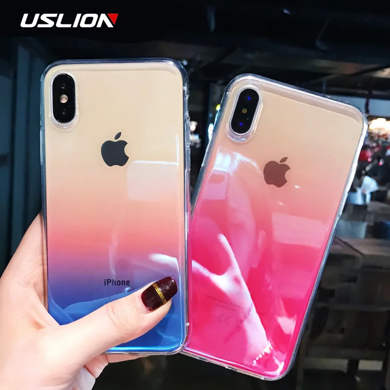 

USLION Gradient Color Clear Case For iPhone 7 Plus Transparent Soft TPU Cover Back Cases For iPhone X 8 7 6 6s Plus Shell Coque