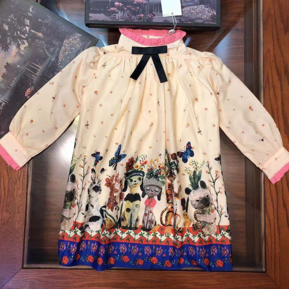 

Fashion luxury brand Bohemian style girl dress full Sleeve children dresses for girls Animal Flower Patterns Turtleneck Bow