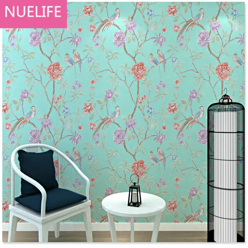 

0.53x10m china style flowers and birds pastoral pattern nonwovens wallpaper wedding room living room bedroom entrance wallpaper