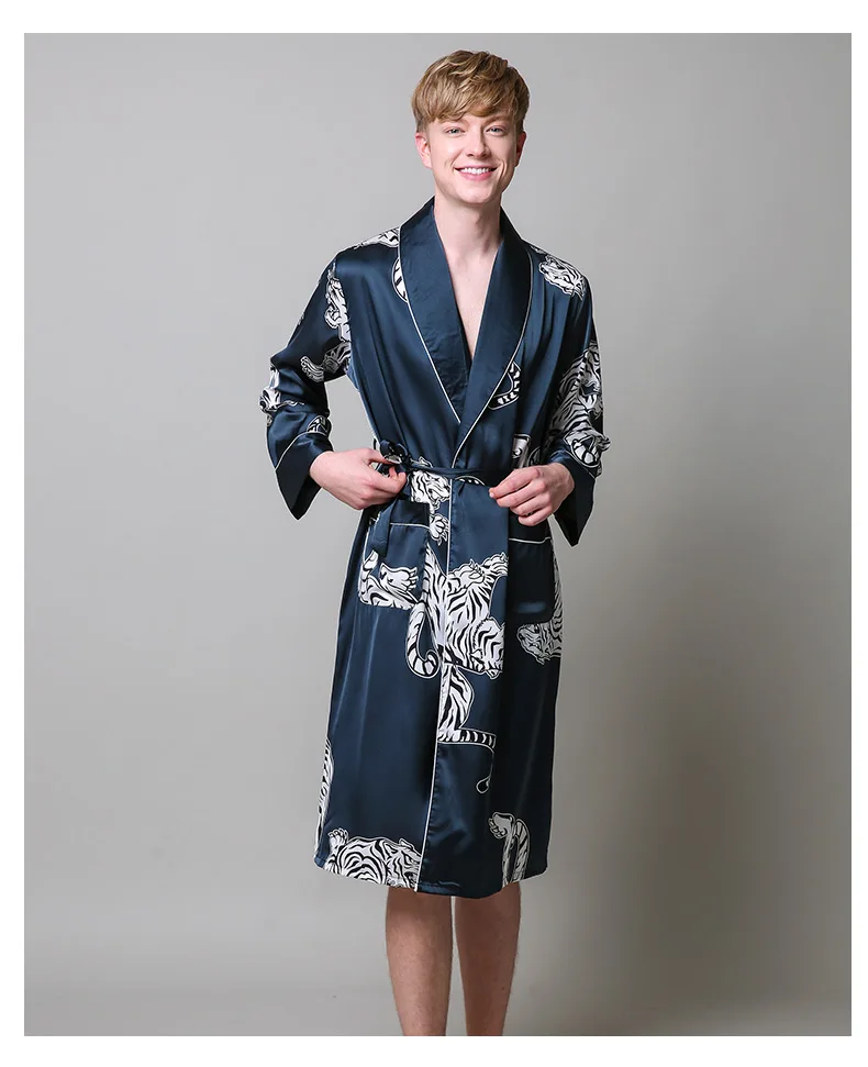 Two-Pieces Silk Nightgown Satin male Sleepwear Loose Tiger Dress Silky Long Sleeve Robe and Long Pants bathrobe set for Men mens pjs