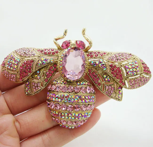 

New Beautiful Pink Bee Insectl Rhinestone Crystal Gold Tone Brooch Pin Gift