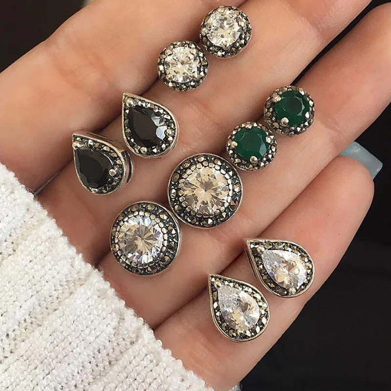 RAVINOUR-Brincos-Femme-4Pairs-Bohemian-Stud-Earring-Set-Boho-Green-Black-Crystal-Droplet-Earrings-for-Women