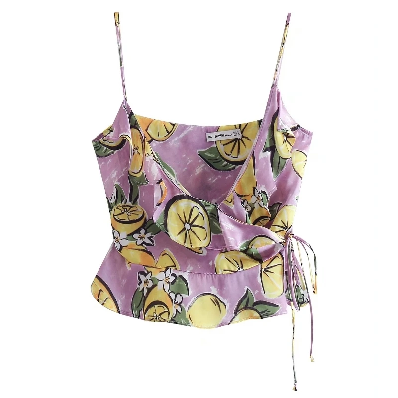 

2019 Women Sweet Cross V Neck Lemon Print Ruffles Sling Blouse Lace Up Shirts Female Casual Summer Tops For Womens