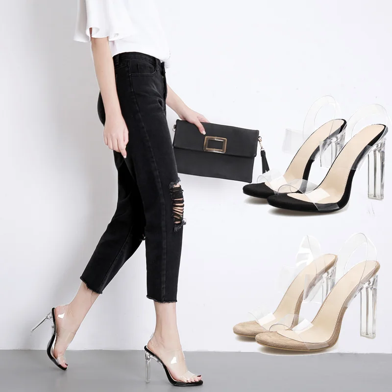 

2019 Summer Women Crystal Fetish Clear 10cm High Heels Female Gladiator Lady Party PVC Sandals Strap Unique Transparent Shoes