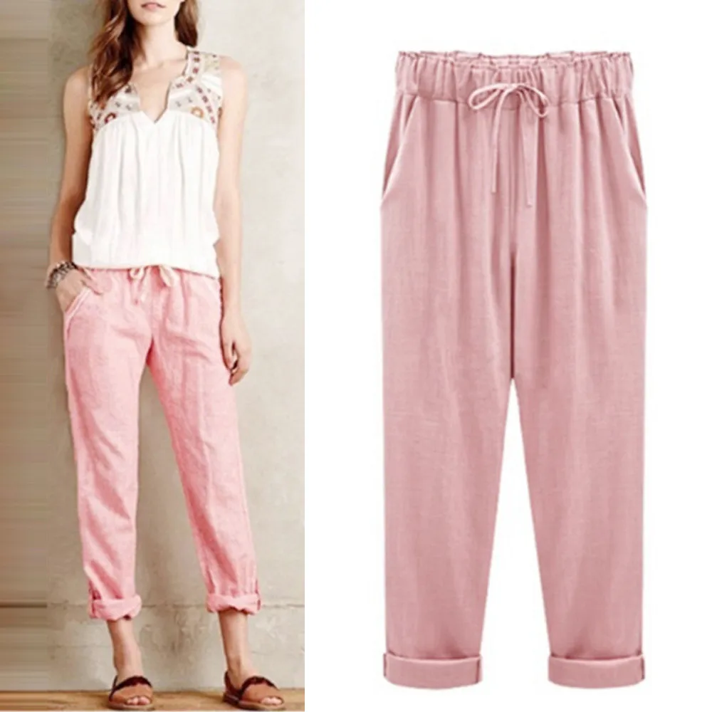 Telotuny Женские Брюки 6XL размера плюс повседневные брюки женские широкие брюки женские хлопковые льняные брюки женские pantalon mujer JL 20 - Цвет: Pink
