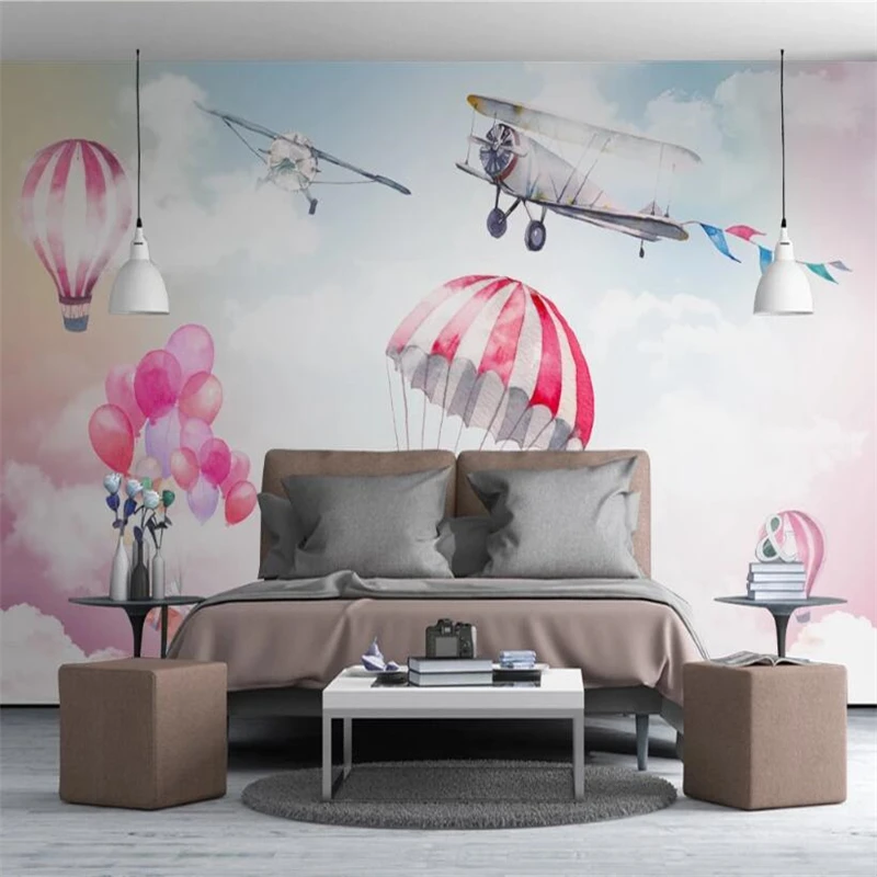 Wellyu Papel Parede Carta Da Parati Personalizzata Fresh, Simple, Colorful Sky Plane, Hot Air Balloon, Murale, Tv Background Wall Behang