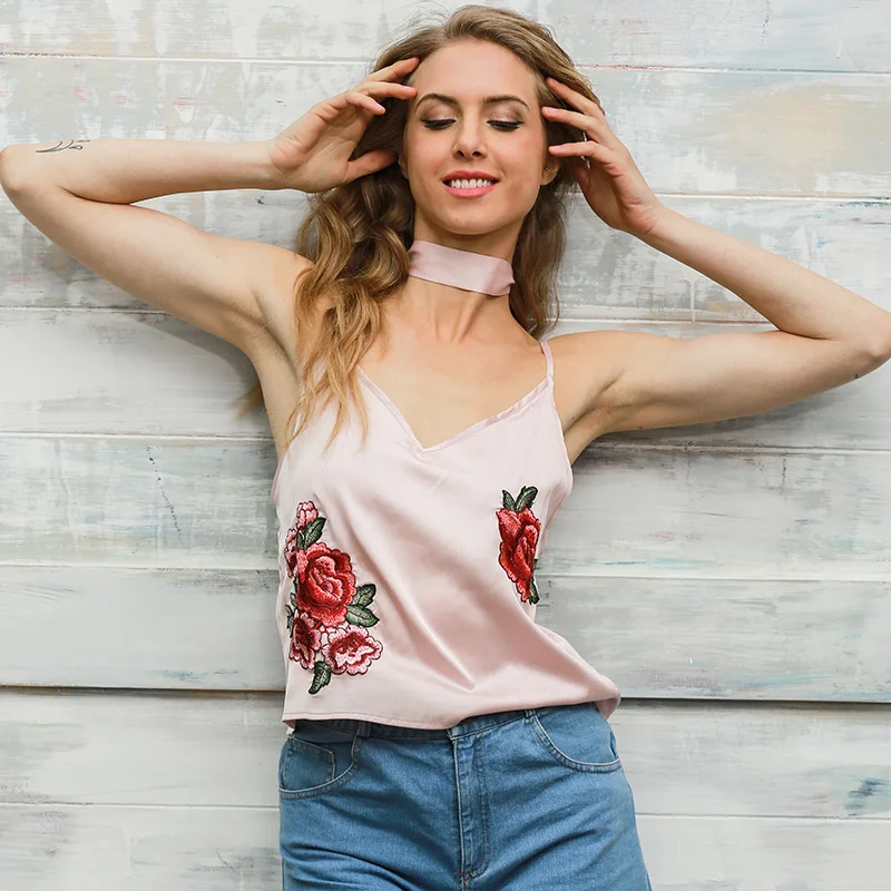 

Women Summer Sexy & Club Vest Embroidery Floral Blouse Tee With Neck Bandage Sexy Vest Fashion Rose Tanks & Camis Costumes