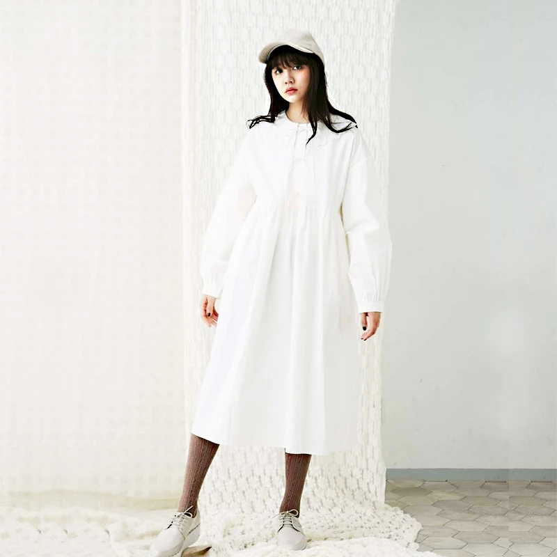 

Autumn Japan Fashion Women Loose Dress Long Seeve Bow Tie Up Cotton Black White Pink Dresses Calf-length Ruffles Preppy Style