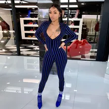 Sexy Low Cut Striped Jumpsuit Long Sleeve Women Deep V-neck One Piece of Jumpsuit Long Pants Ladies Striped Catsuit Sexy Low Cut Striped Jumpsuit Long Sleeve Women Deep V-neck One Piece of Jumpsuit Long Pants Ladies Striped Catsuit