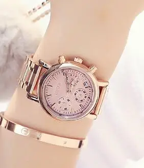 AAA GUOU модные роскошные женские часы из нержавеющей стали с календарем из розового золота с 3 глазами женские платья мужские кварцевые часы - Цвет: Pink