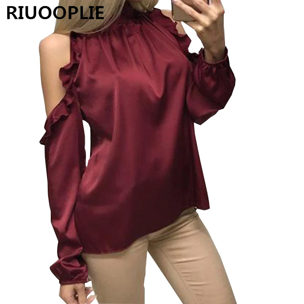 

RIUOOPLIE Women Sexy Open Shoulder Ruffle Blouse Stand Collar Burgundy Shirt Tops