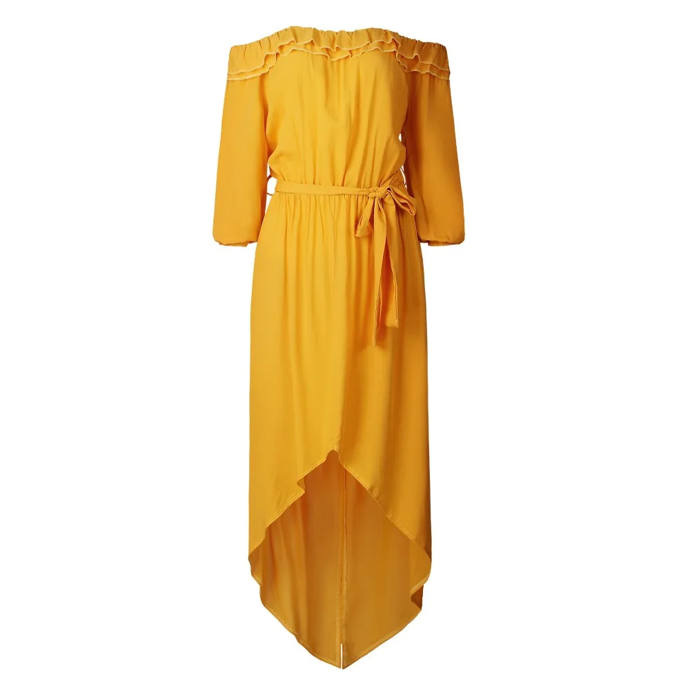 Slash Neck Long Sleeve Maxi Dress Long Pleated Sexy Yellow Boho Dress Girl Casual Beach Party vestidos de festa estampado Dresses