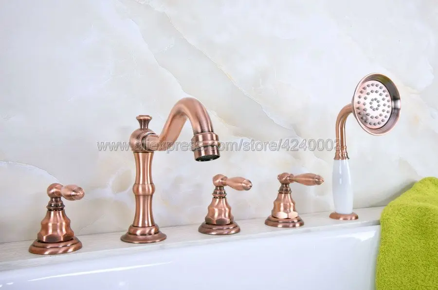 Robinet De Baignoire Et D'Évier Largement Répandu En Cuivre Rouge Antique, 5 Pièces, Monté Sur Le Pont Avec Douchette À Main, Robinets Salle Bains Romaine Ktf228