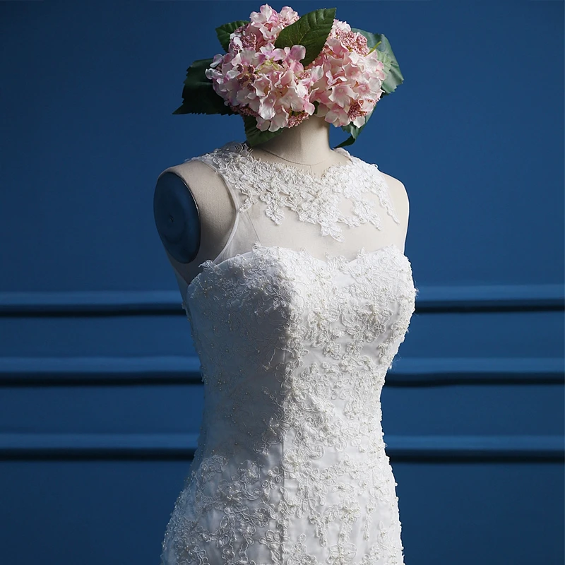 Настоящее фото русалка свадебное платье с жемчугом Высокая шея без рукавов кружева свадебное платье es 2019 реальные фотографии