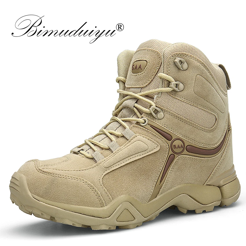 

BIMUDUIYU Men Quality Brand Military Boots Tactical Desert Combat Boats Army Work Shoes Leather Antiskid Boots Men Sneakers