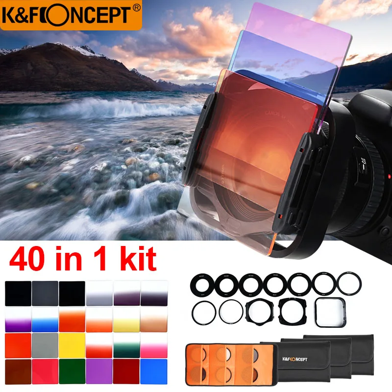 K&F CONCEPT 40 In 1 Case 24pcs Filter Square Graduated ND Color Filter Kit+9 Adapter Rings+2 holder+Lens Hood+4 Cases For Camera