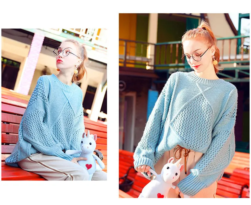 HG 2019 новые осенние свободные свитера для отдыха женские синие полые милые Lethargic вязаные элегантные пуловеры женские топы WQR1144