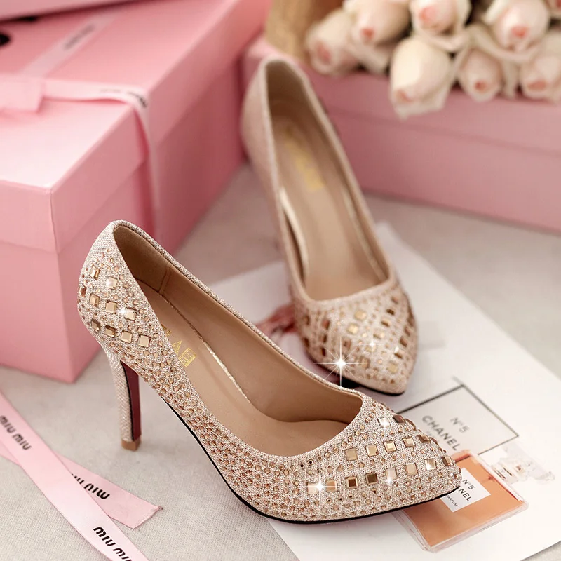 Black Crystal Bridal Shoes With Pointed Toe For Wedding Thin High