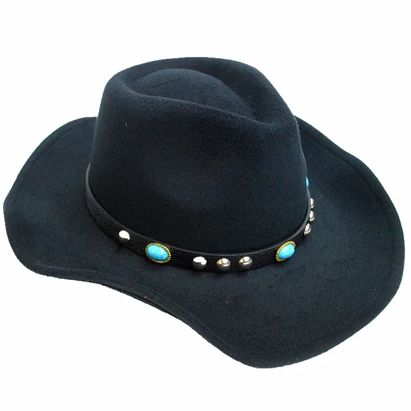 Модные осенне-зимняя одежда из шерсти фетровая шляпа с широкими полями для Для женщин Для мужчин Танцы шляпа Западной алмазный пояс ковбойская шляпа - Цвет: Черный