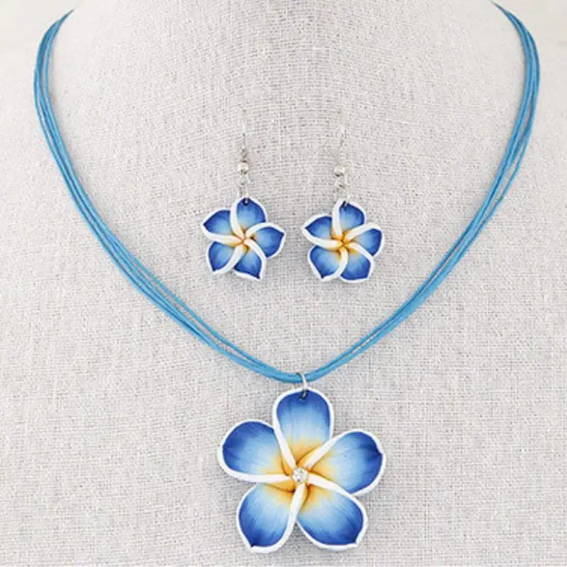 

New Fashion Hawaii Plumeria Flowers Jewelry Sets Polymer Clay Earrings Necklace Pendant