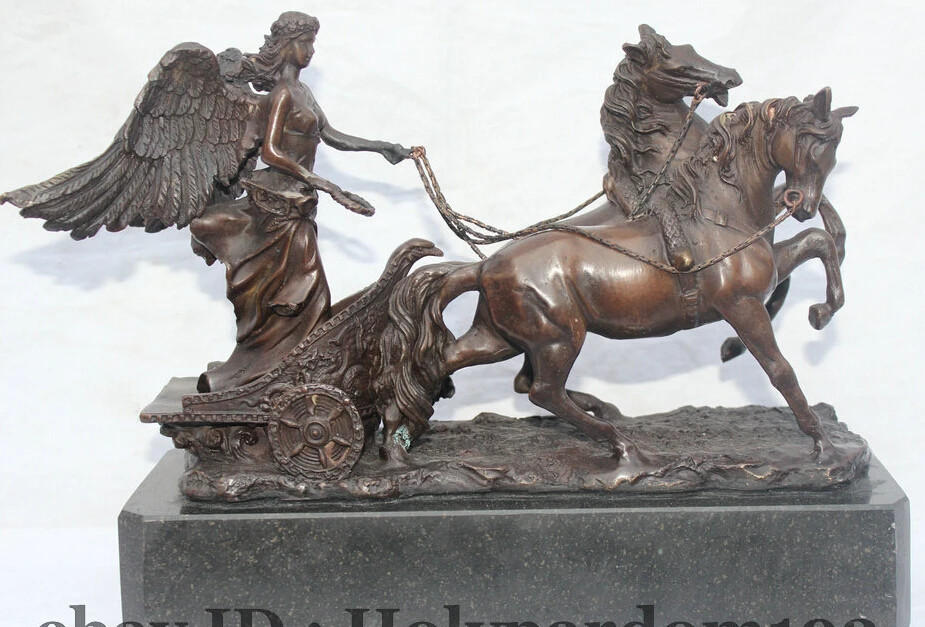 

12" Western Bronze Marble Myth Angel Belle Girl Pull Two Horse Art Statue R0710 B0403