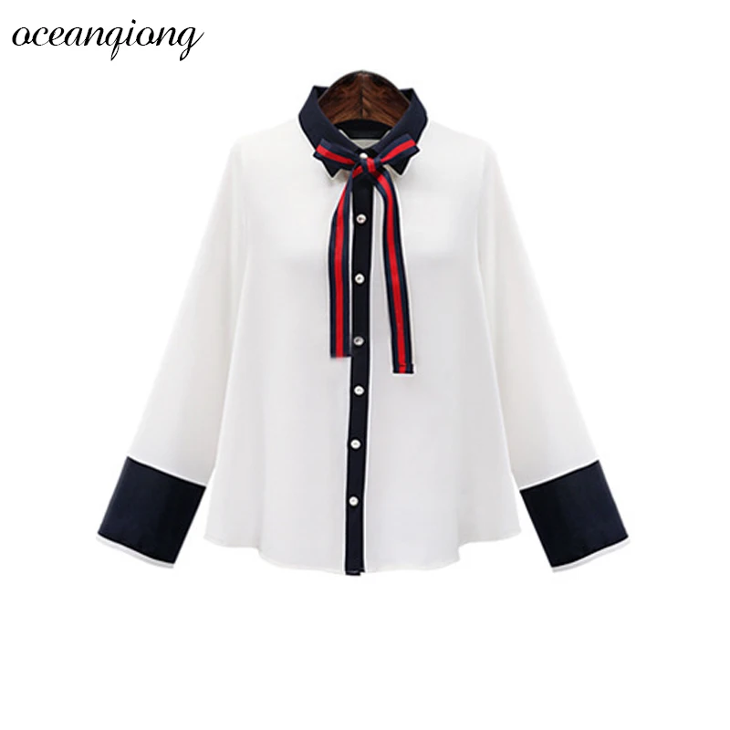  Preppy Style Bow Women Shirt Blouse Chiffon 2017 New Women's Blouses Shirt Long Sleeve Elegant Soli