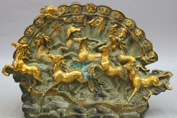 

Free Shipping JP S0524 12" Chinese Bronze Gild Folk Success Zodiac Year Eight Horse Statue Sculpture