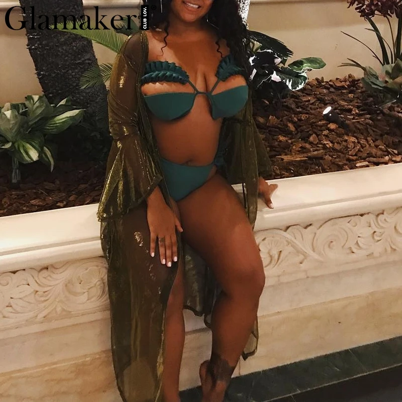 Glamaker Ruffled high cut bikinis mujer biquinis Push up swimsuit padded micro swimwear women bathing sexy suit two-piece suits