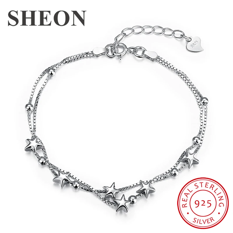 

SHEON Authentic 100% 925 Sterling Silver Trendy Romantic Star Bracelets & Bangles Women Sterling Silver Jewelry Free Shipping