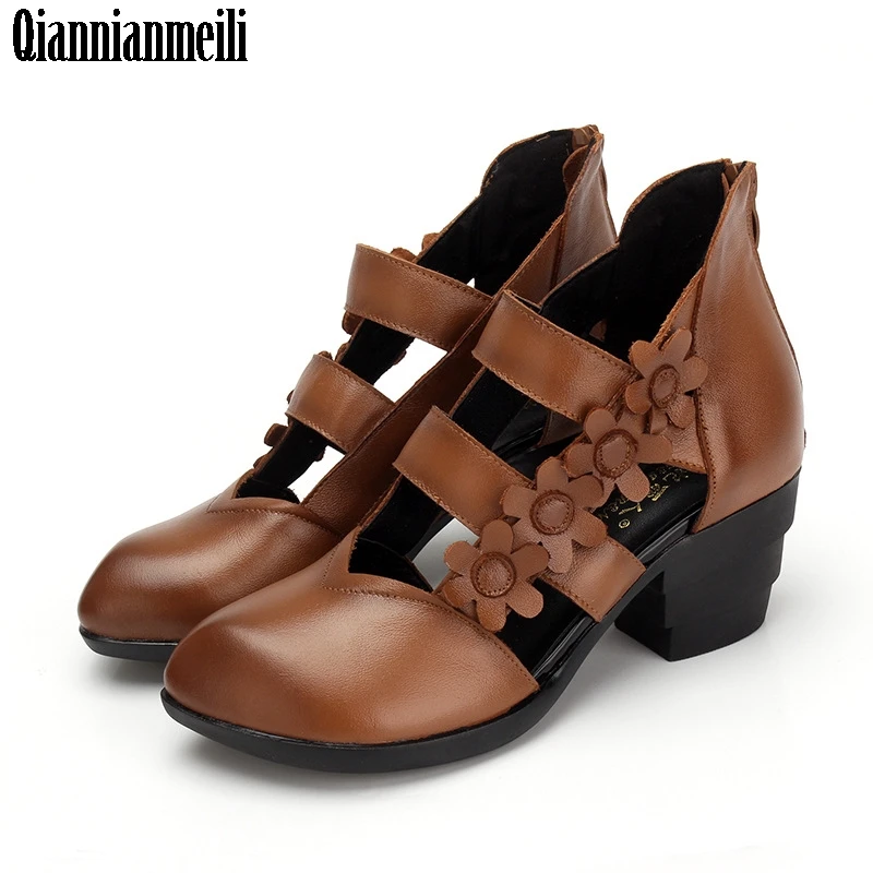 baratas Mulheres Sandálias de Salto Grosso Dedo Do Pé Fechado Flor Estilo Étnico Artesanal de Couro Genuíno Personalizados Mulheres Sandália frete grátis