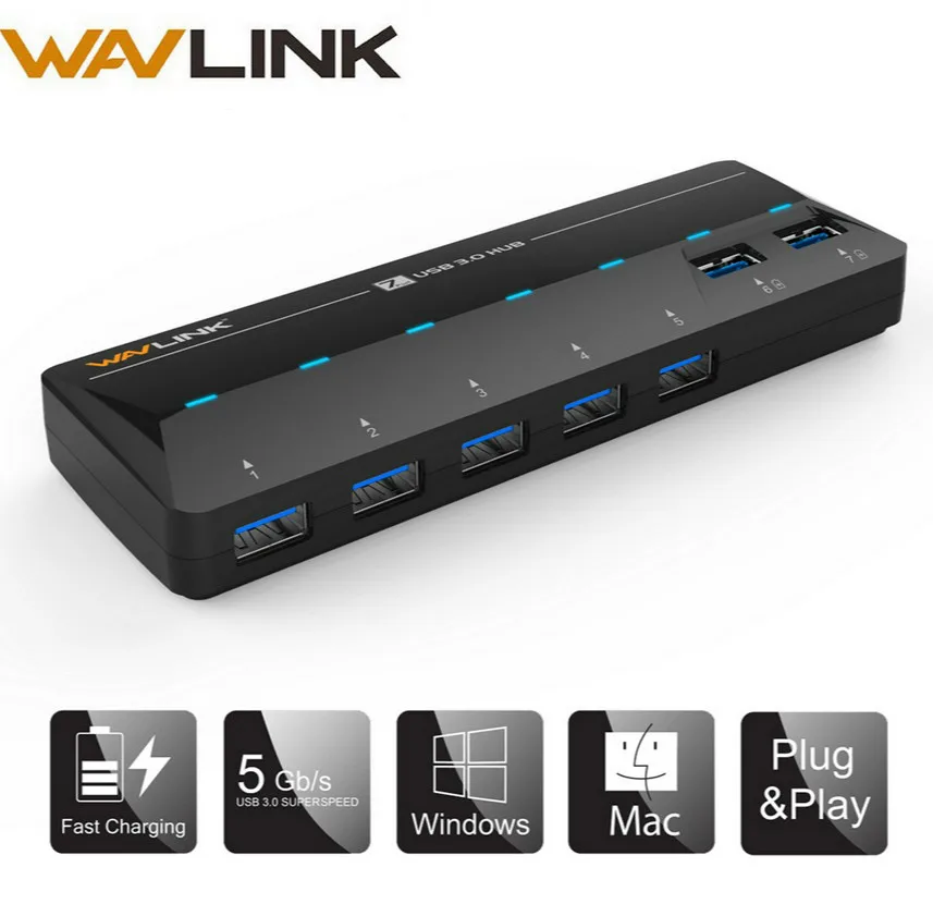 

Wavlink High Speed 7 Port USB 3.0 Hub 5Gbps splitter Hub Power Adapter Fast Charging EU/US/UK plug for PC Laptop Macbook phone