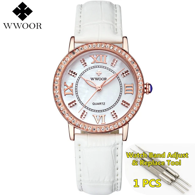 white gold WWOOR платье часы для женщин Топ люксовый бренд Модные кожаные часы со стразами женские наручные часы красные часы Bayan Kol Saati - Цвет: white gold