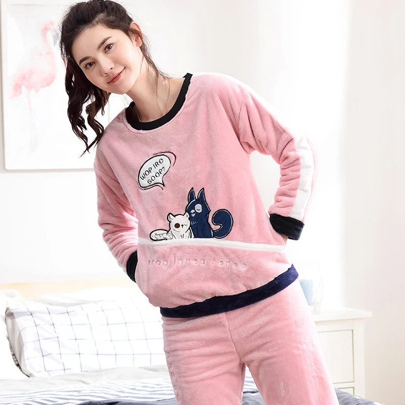 2020 Warm flannel pajamas set women thick coral fleece long sleeve pajamas set