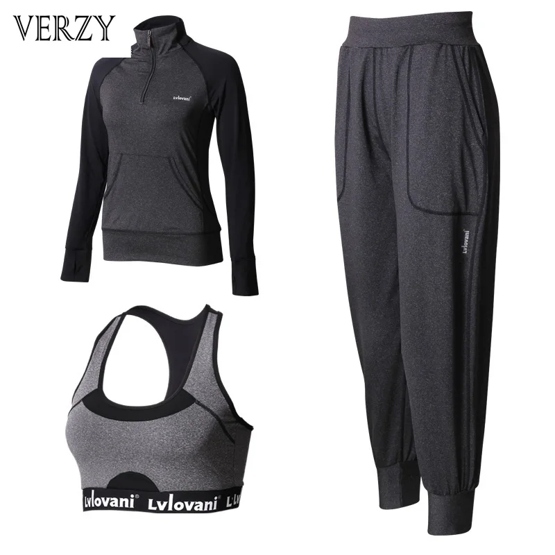 

Black Sport Wear Women Fitness Yoga Set Jogging Suits 2017 Hot Sale Long Sleeve Jacket 3pcs Breathable Sports Bra Pad Outdoor